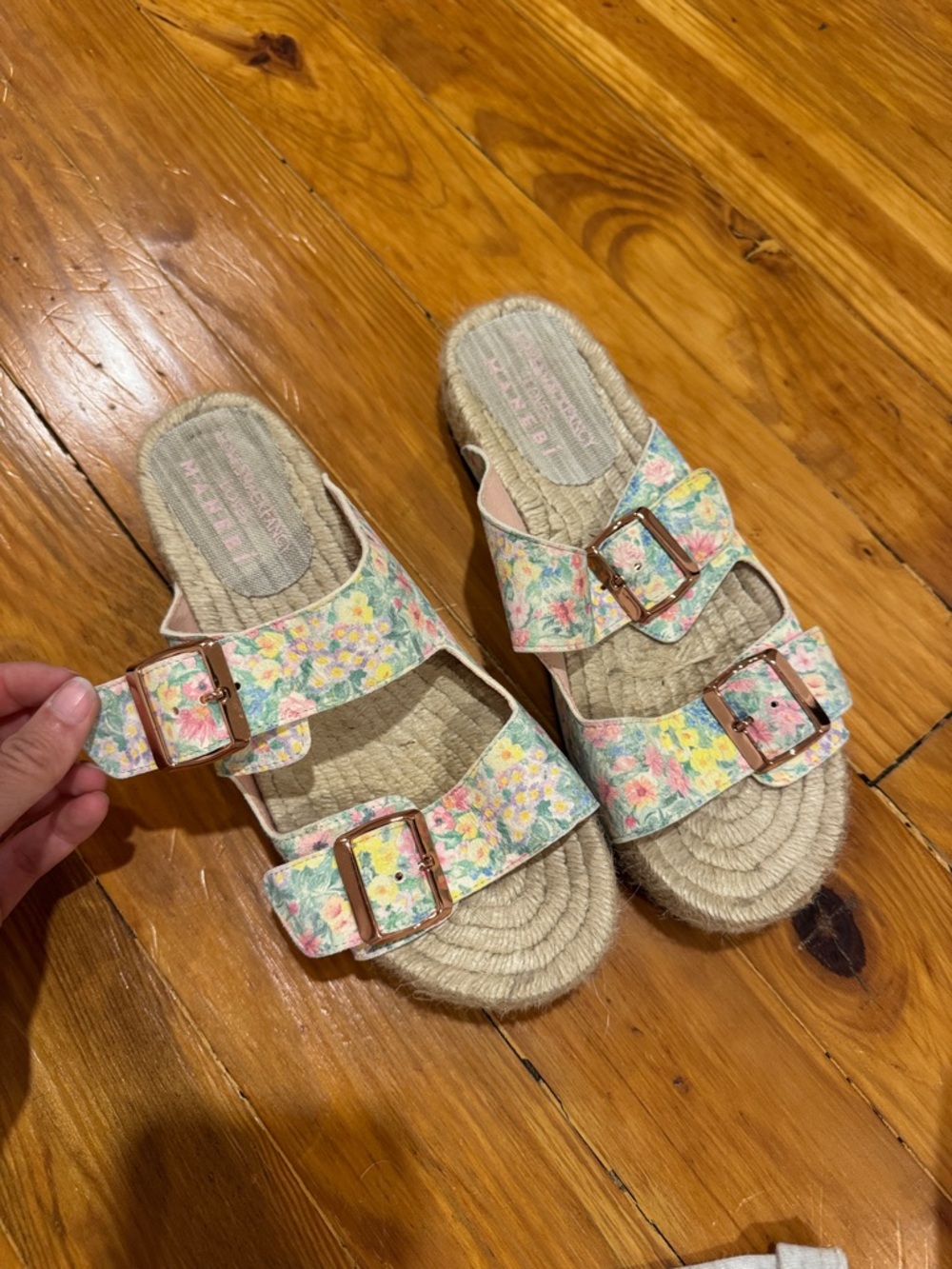LoveShackFancy Floral Pastel Double-Buckle Espadrille Slide Sandals
